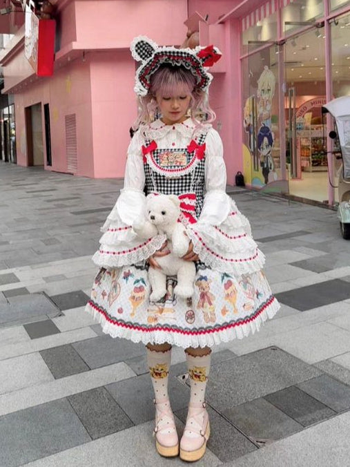 Pattern Gingham Print Skirt Animals Dessert and Black Lolita Jumper Sweet