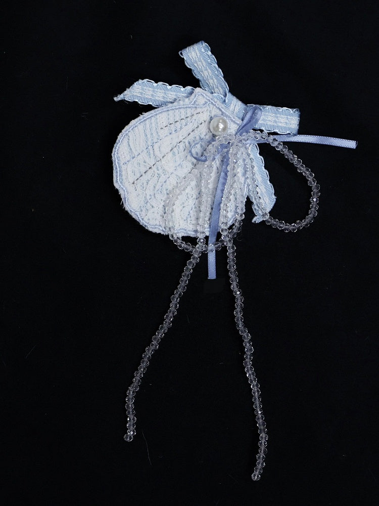 Blue Shell Bow Brooch with Bead Chain - Liz Bird