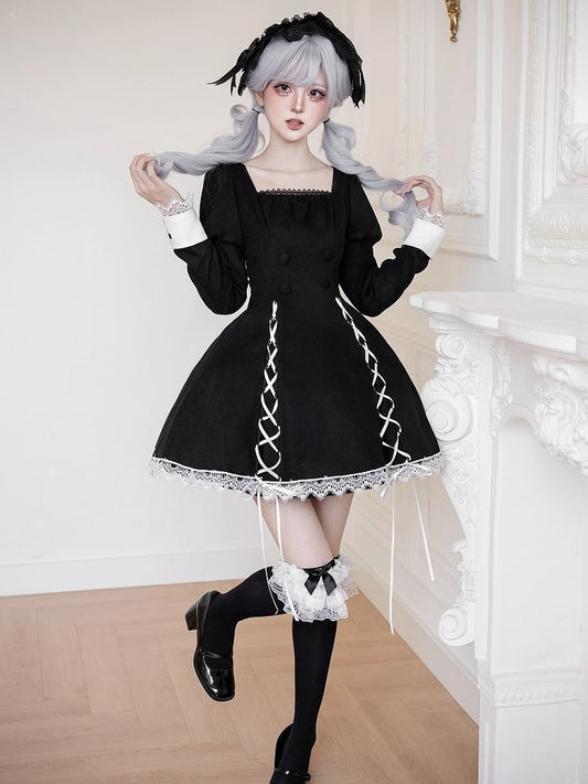 Sleeves Juliette Short with Lace and Trim Black Contrast Lolita Dress Lacing