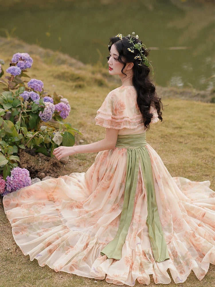 Orange Pink Vintage Floral Print Tiered Shawl Collar Dress