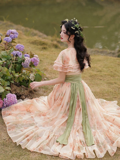 Orange Pink Vintage Floral Print Tiered Shawl Collar Dress