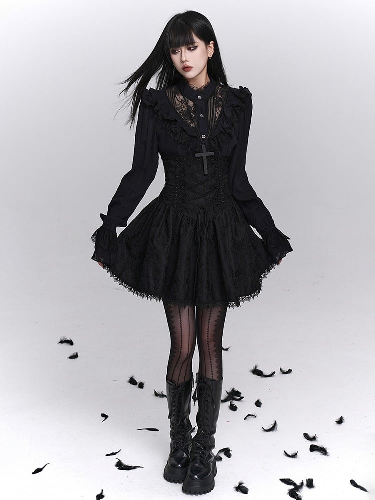 Floral Embroidery A-Line with Skirt Gothic Black Trim Lace