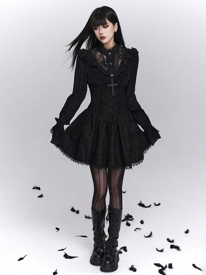 Floral Embroidery A-Line with Skirt Gothic Black Trim Lace