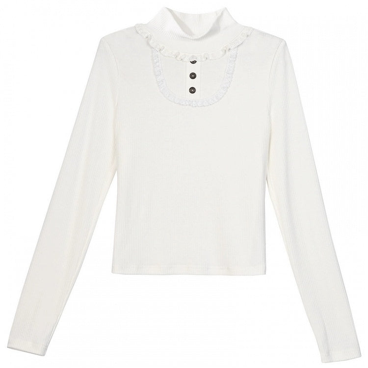 Weißes, hochgeschlossenes, langärmliges Top mit Spitzenbesatz