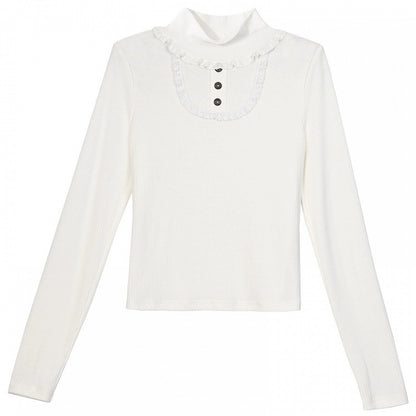 Weißes, hochgeschlossenes, langärmliges Top mit Spitzenbesatz