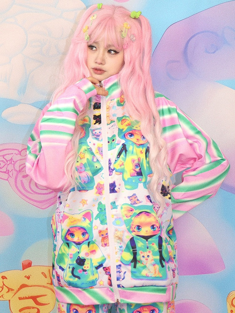 PinkGreen Cat Jacket Print Y2K