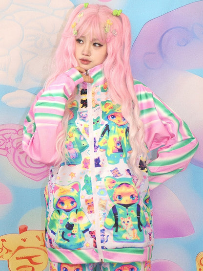 PinkGreen Cat Jacket Print Y2K