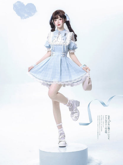 Blue Plaid and Neckline Lace-up with Cutout Kei Light Dress Jirai Shoulder