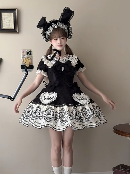 Dress Appliques Rabbit Lace-Trimmed Pattern Sweetheart Black Lolita Polka Sweet with Dot