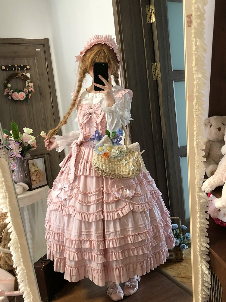 Sweet Multi-Layer Lolita Only JSK Dress Bow + Ruffle Hairband Pink / Detail Belt with