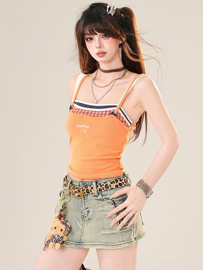 Two-pieces Details Red/Orange Top Faux Cami Bowknot Glamorous Y2K