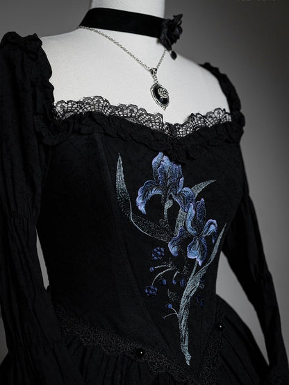 Lolita Black Skirt Dress Drawstring Iris with Gothic Elegant Embroidery