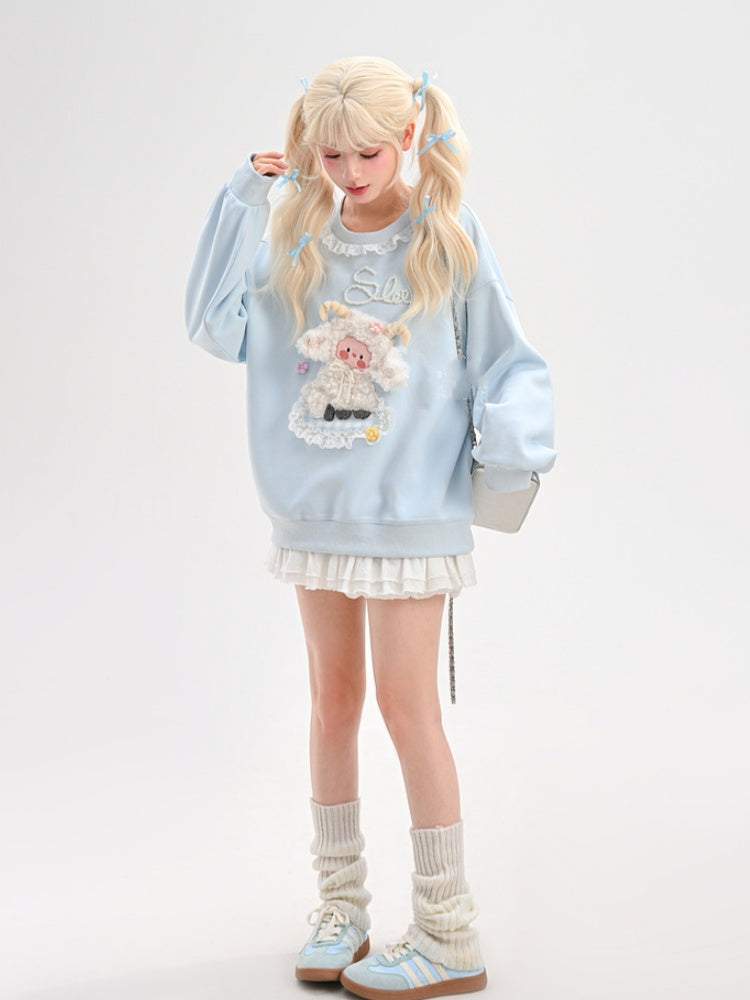 Yume Kawaii Blaues Plüsch-Lamm-Sweatshirt mit Blumenmuster