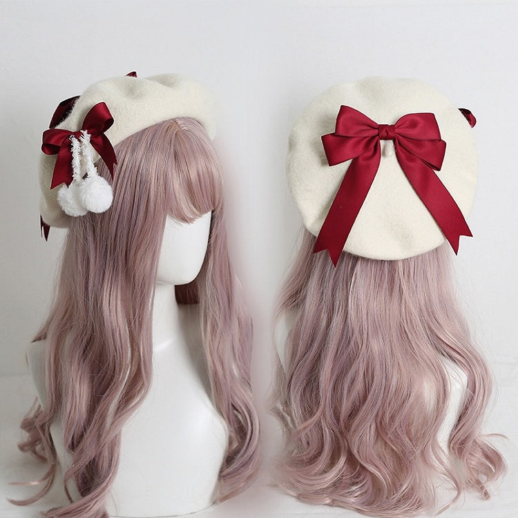 Colors 6 With Pom-Poms Cute Girly-Style White Cream Beret Bowknot