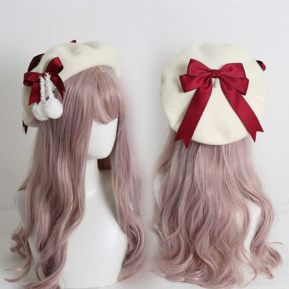 Colors 6 With Pom-Poms Cute Girly-Style White Cream Beret Bowknot
