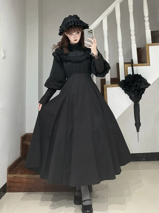 Long-Sleeve Black Dress Lolita Ruffled Waist Classic High Elegant