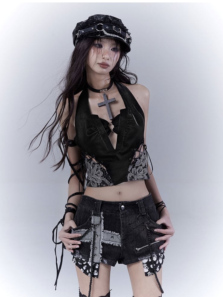 mit glamourösen Schnürpatches Details Spitze seitlich Ärmelloses Top Schwarz Neckholder