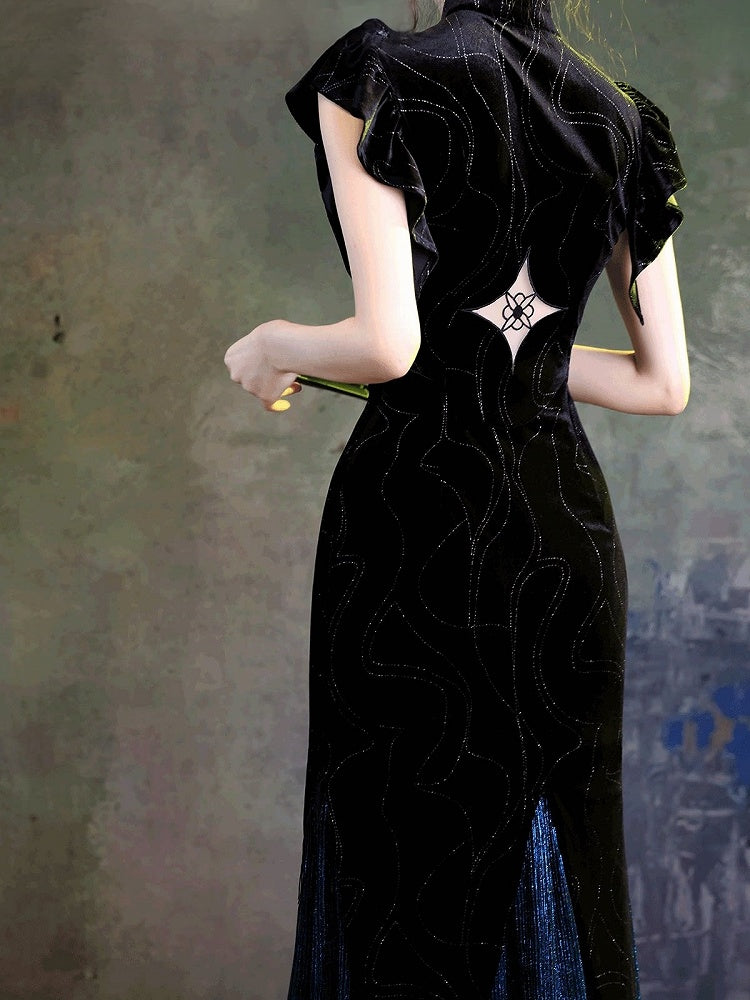 Chinese Black Blue Shimmer Velvet Long Qipao Swallow Embroidery - sijinstudio