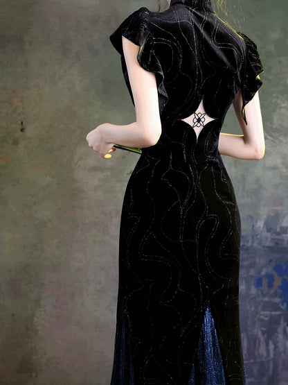 Chinese Black Blue Shimmer Velvet Long Qipao Swallow Embroidery - sijinstudio