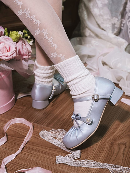 Blue Sweet - Toe Mary Janes Knotted Low-heel Buckle Top Heart Lolita Rhinestone at Bow Round
