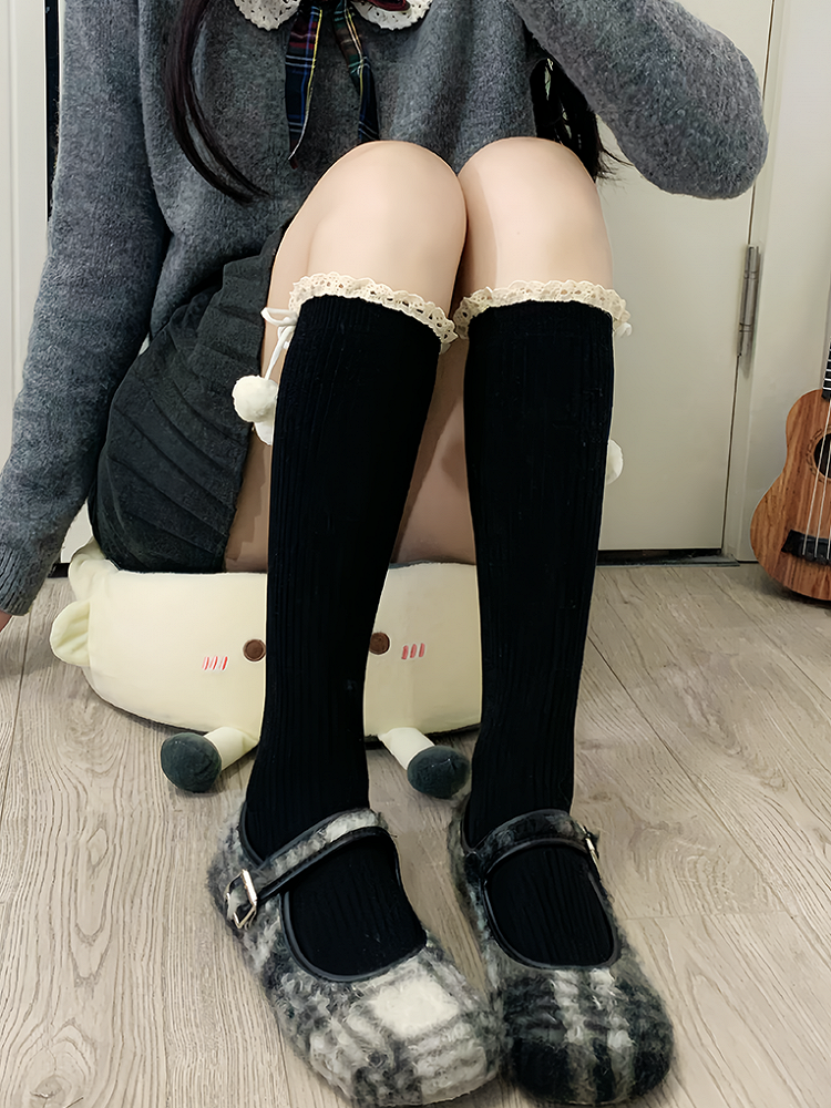 Milk White/Khaki/Camel/Red/Black Lolita Lace Trim Calf Socks With Pompons