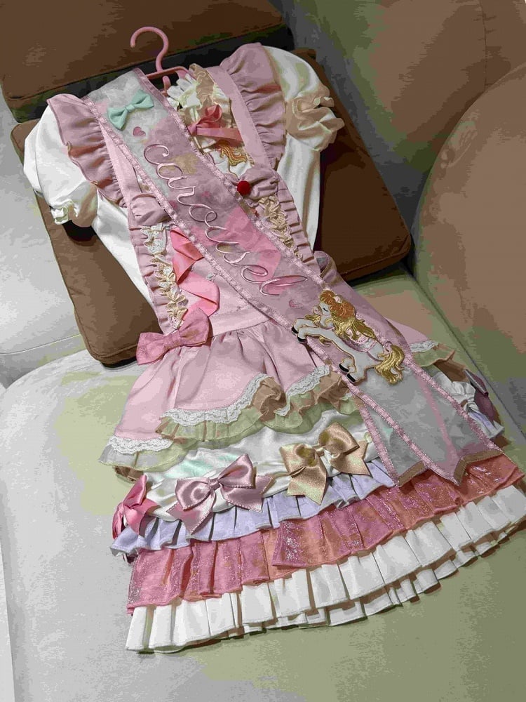 Kawaii Pink 3D Horse Embroidery Short Sleeve Blouse with Bow Layered Ruffle Skirt Set - Sweet Dream Box