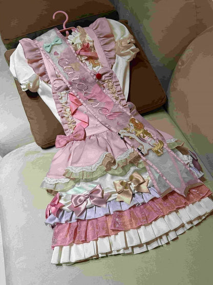 Kawaii Pink 3D Horse Embroidery Short Sleeve Blouse with Bow Layered Ruffle Skirt Set - Sweet Dream Box