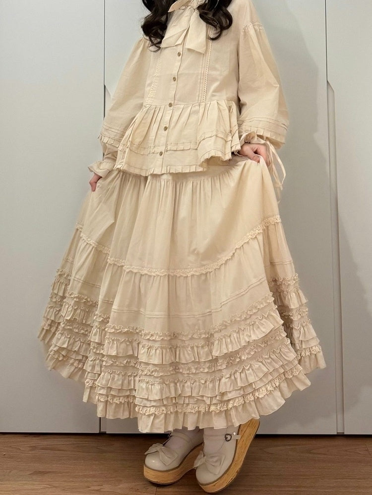 Jupe beige élégante avec ourlet Lolita à plusieurs couches à volants en coton ample