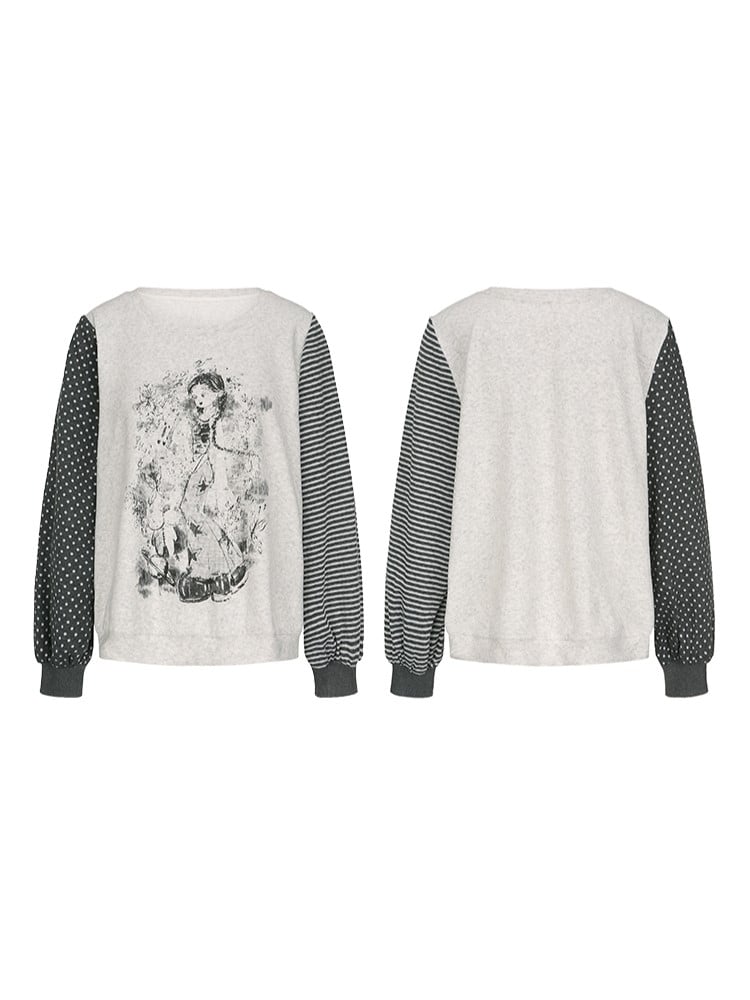 Print Anime with Girl Polka Size Striped Y2K Sleeve White Top Plus Dot