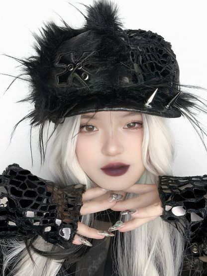 Dark Gothic Snakeskin Cross Black Beret