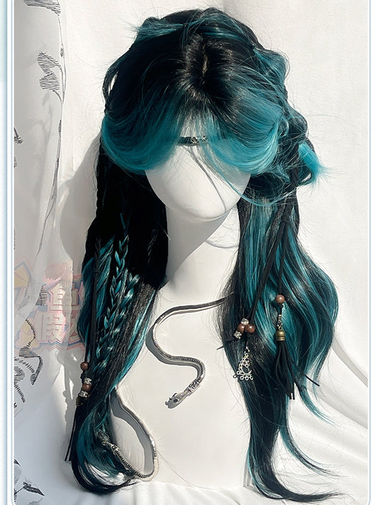 65cmのハイライトウェーブヘアウィッグ、ブルーのカーテンとブラック