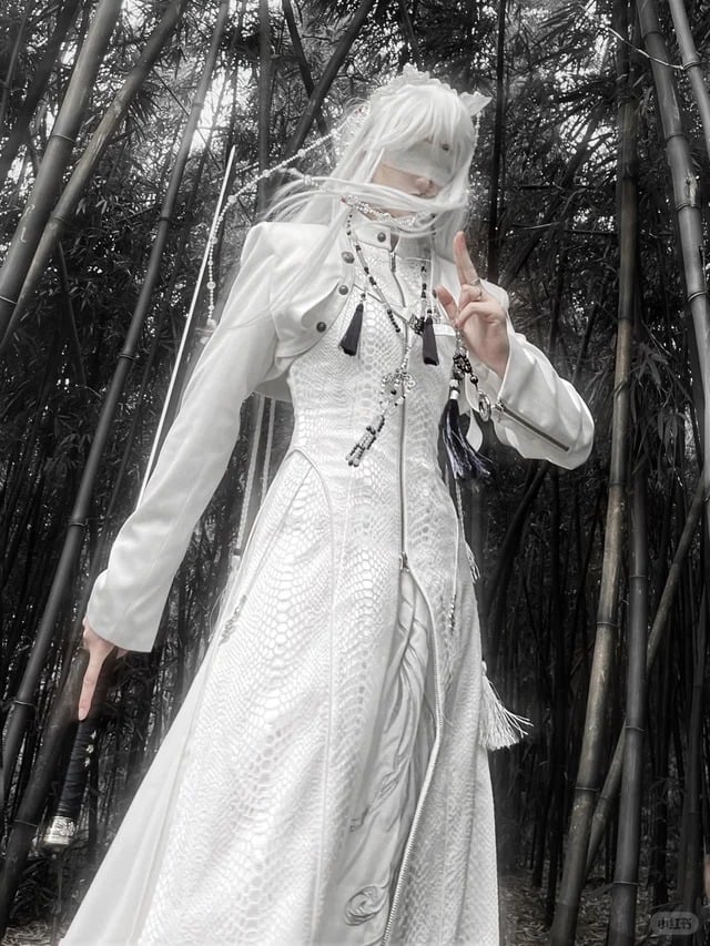 Snakeskin-grain Design Long Unisex Two-Piece Coat False - White Goth