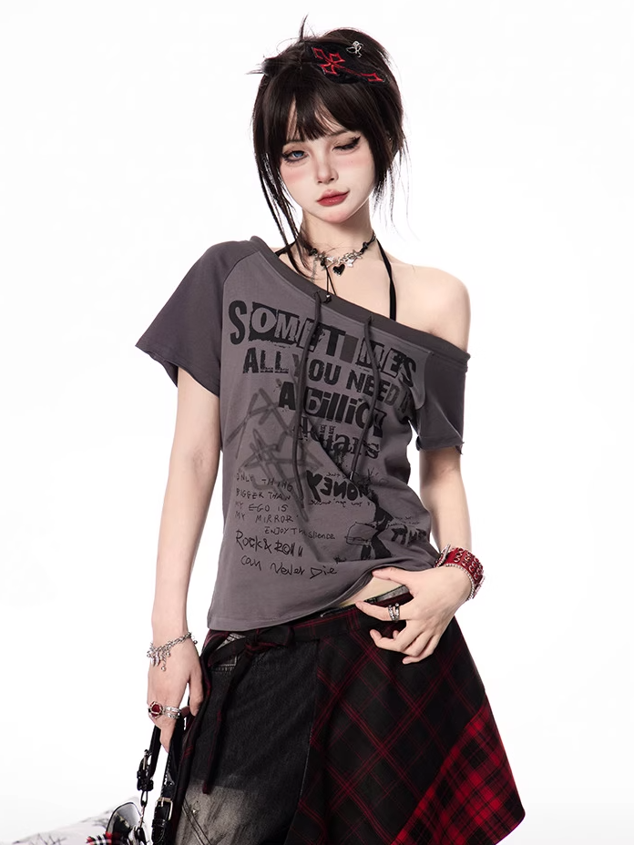 Neckline Gray/Apricot Design Graphic Colorblock Asymmetrical T-shirt Self-tie