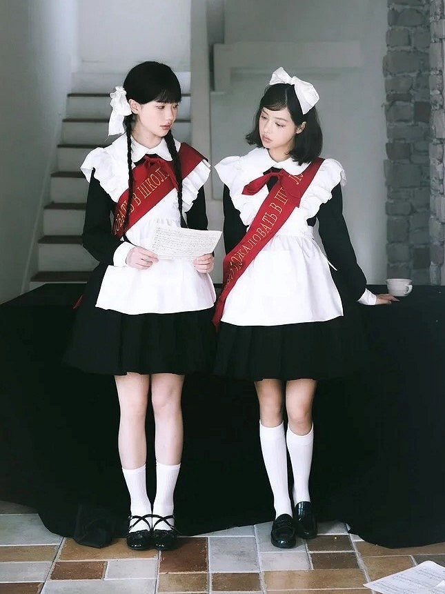 Red Black Bow Full Pleated Embroidered Maid Tie Ribbon with Sleeves Set + Lolita Apron Long Dress