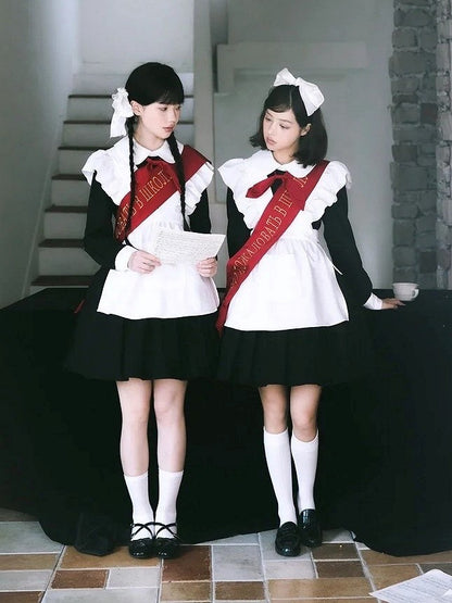 Red Black Bow Full Pleated Embroidered Maid Tie Ribbon with Sleeves Set + Lolita Apron Long Dress