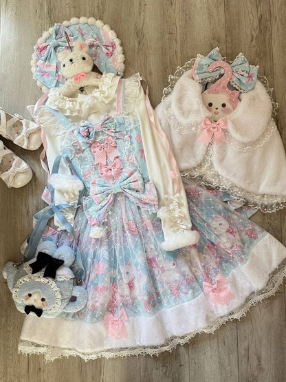 Print with and Accents Hem Bow Pink Fur Dress Sweet Trim Lolita Cat Blue