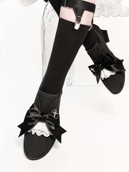 Black Velvet Gothic Bowknot High Heels Cross Lace - EvilStar