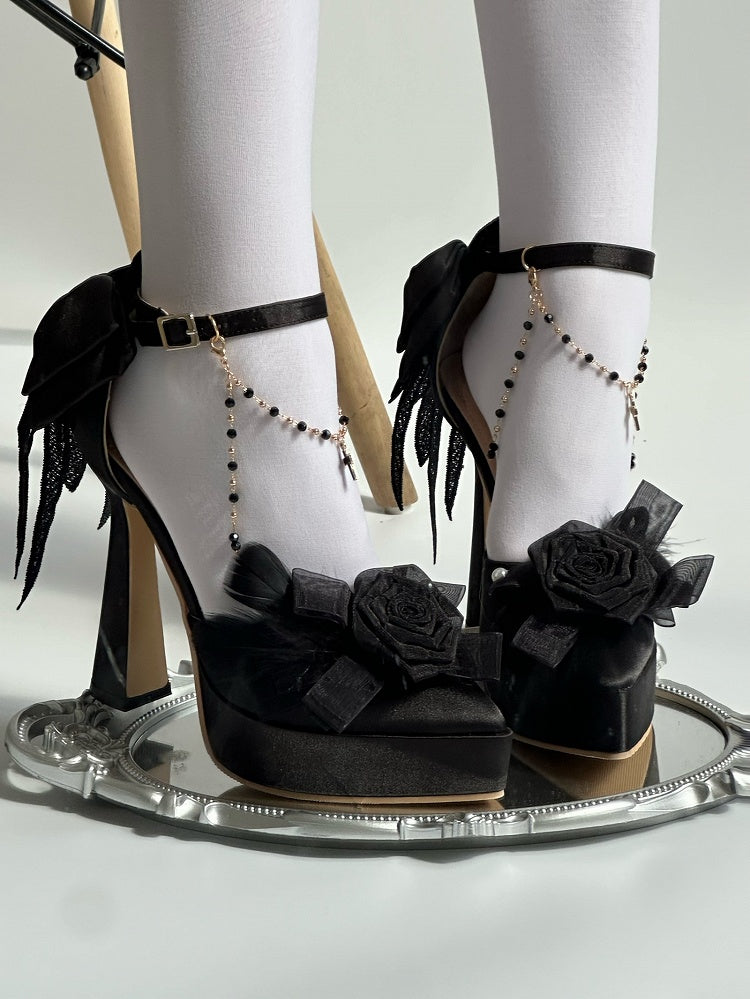- Heels Chains Bow High Detachable Regular Gothic Platform Floral Beaded Version Design with Black Accents