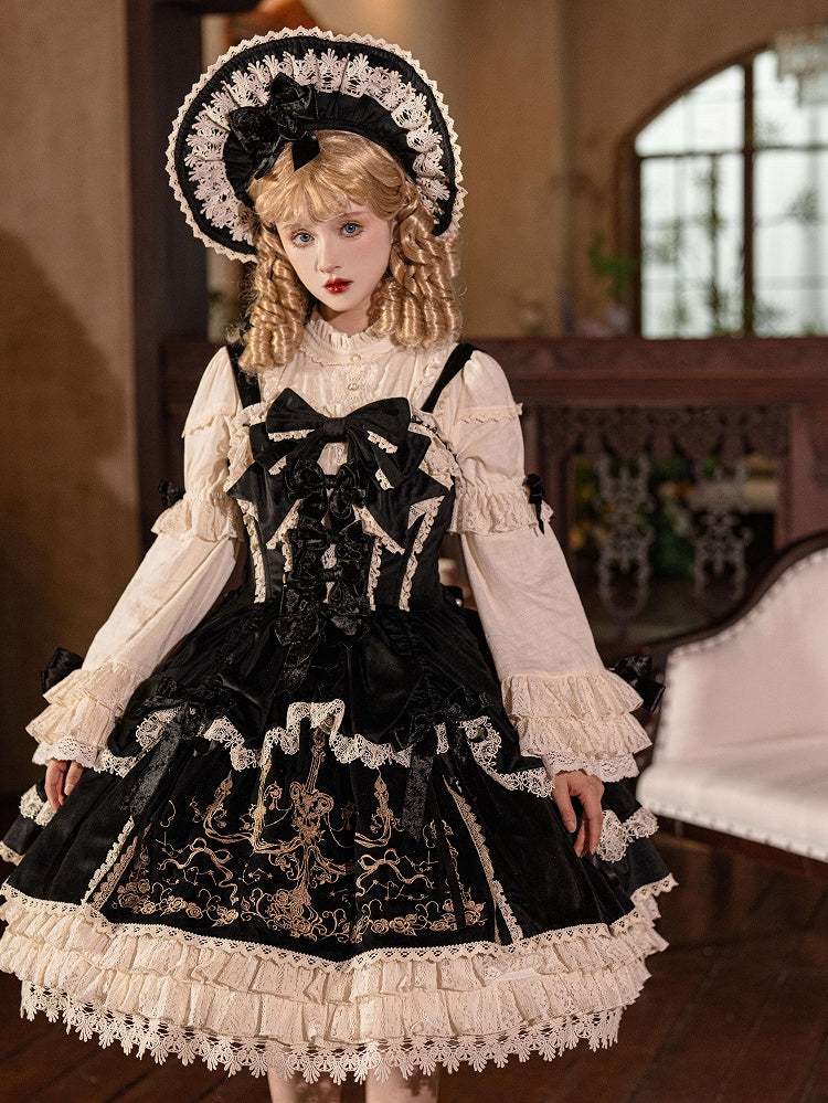Schwarzes Lolita-Kleid mit Kerzenschleifen und Samt JSK / Dekorationsstickerei