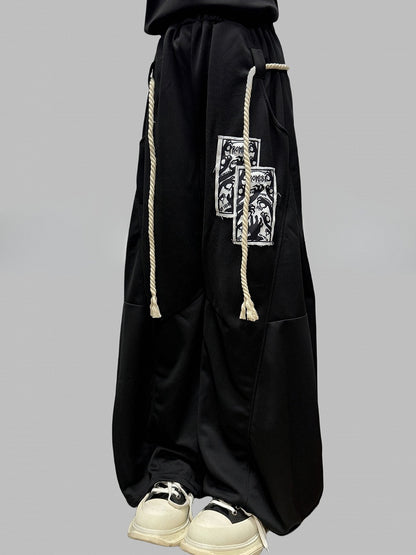 Accessory Applique Wide-leg Strap Pants Black Cut with Hand Y2K