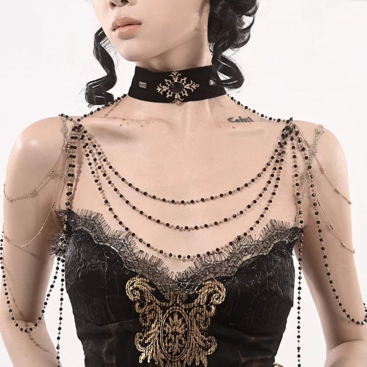 Multi-Layered Shoulder Black Choker Velvet with Chains Gothic