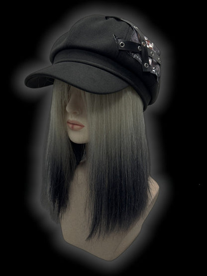 Y2K Black Criss-cross Straps Goth Girl Applique Punk Beret