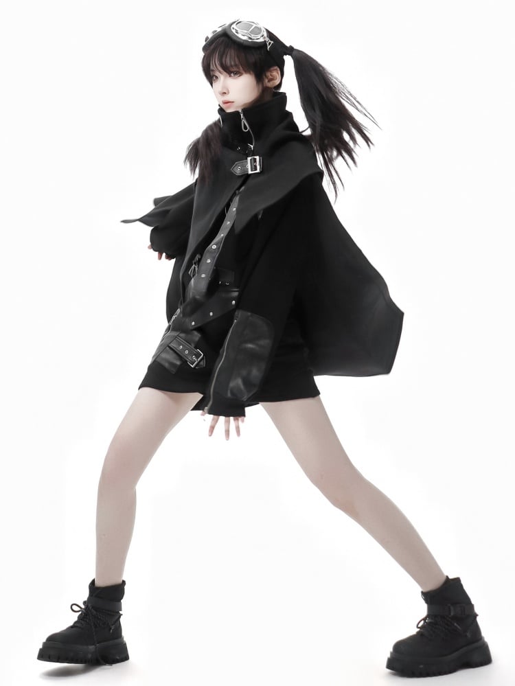 Schwarzer Gothic Asymmetrischer Rock mit Taillengürtel
