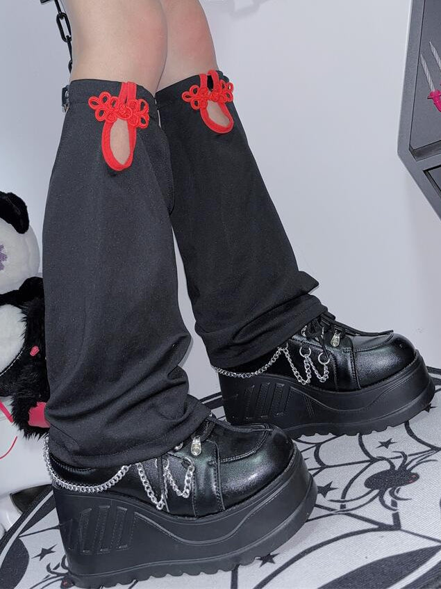 Y2K Beinwärmer SchwarzRot Knotenknopf Cheongsam Stil