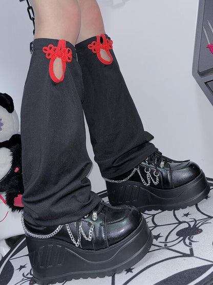 Y2K Beinwärmer SchwarzRot Knotenknopf Cheongsam Stil