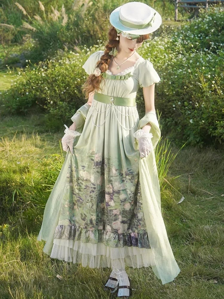 Skirt Print Waist Short Lolita Oil Sleeves Painting Elegant Dress Green Empire