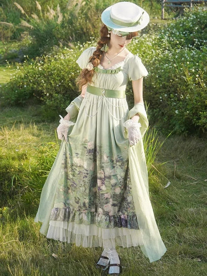 Skirt Print Waist Short Lolita Oil Sleeves Painting Elegant Dress Green Empire
