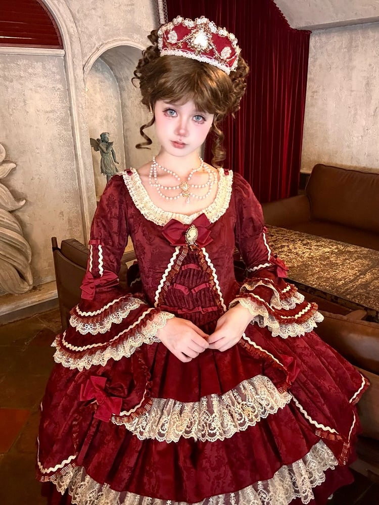 Elegant Wine Red Hime Dress with Bell Sleeves, Bowknots & Layered Skirt - Strawberry Cocoa Lolita