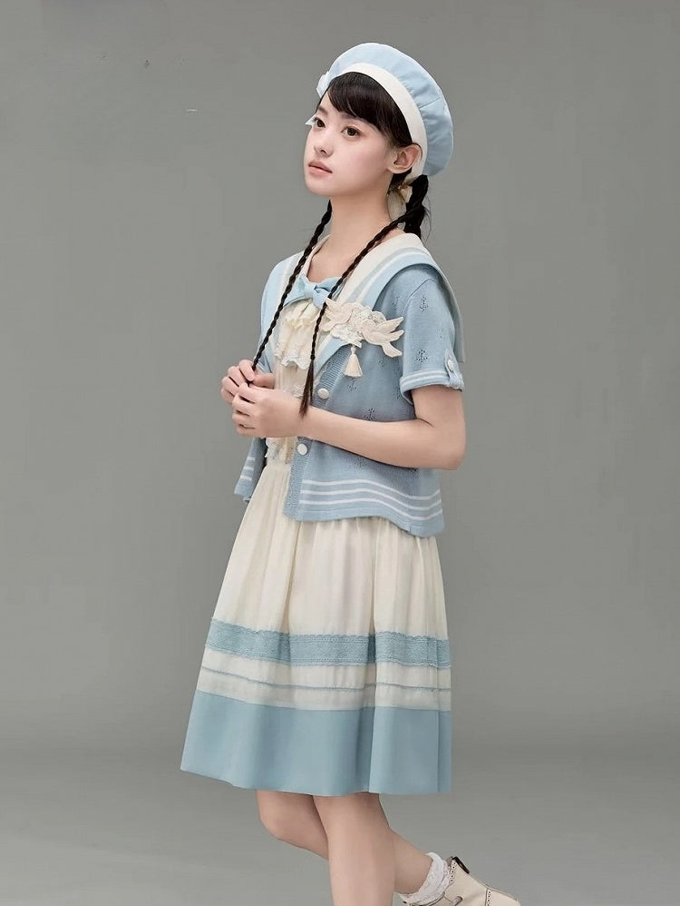Blue Knitted Short-sleeved Cardigan Lolita Perforated