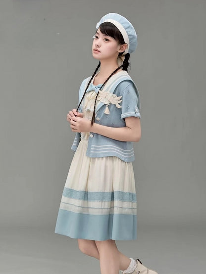 Blue Knitted Short-sleeved Cardigan Lolita Perforated